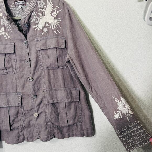 Johnny Was Workshop Oleander Linen Jacket Grey Safari Embroidered Women Medium - Picture 10 of 16